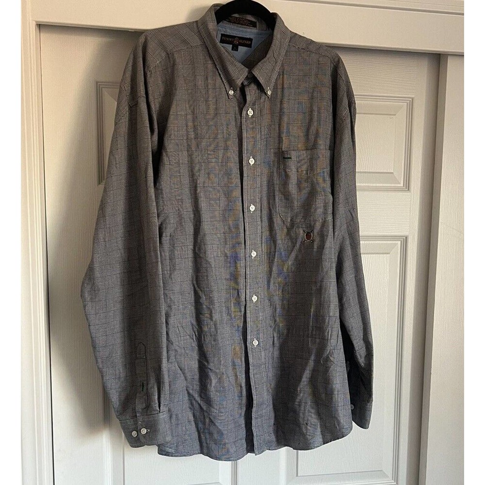 VINTAGE Tommy Hilfiger Golf Men XL Black/grey/red Striped Long Sleeve Button Up